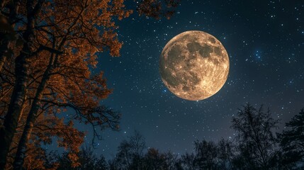 Fototapeta na wymiar A large, glowing moon hangs in the sky above a forest of trees. The moon is surrounded by a sea of stars, creating a serene and peaceful atmosphere