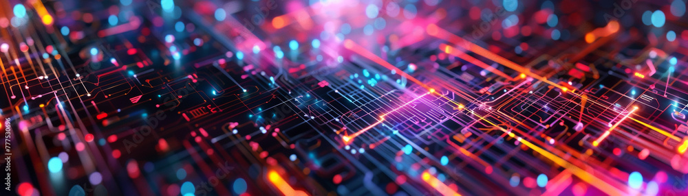 Poster abstract expression of digital connectivity, featuring circuit-like patterns and vibrant neon lights