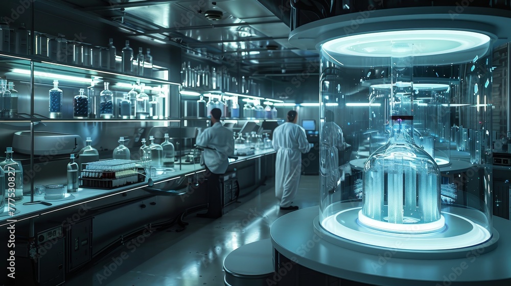 Poster a lab with two scientists working in front of a glass container. scene is serious and focused