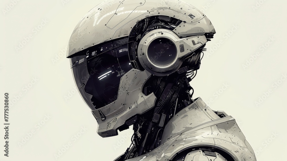 Poster a robot with a helmet on its head. the helmet is white and has a black face. the robot is standing i