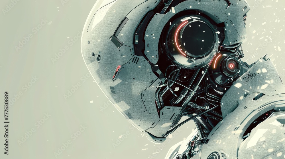 Poster A robot with a red eye and a black face. The robot is in a white background