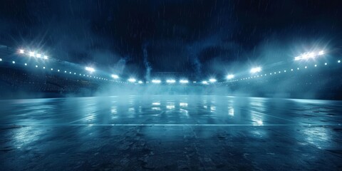 Stend of the football stadium with lights, night sky and crowd in background. Concept for sports game or video animation.