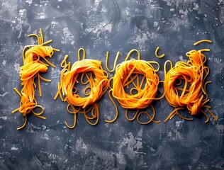 the word "food" made of spaghetti on a gray slate background