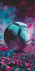 football match closeup of a football ball in vaporwave background