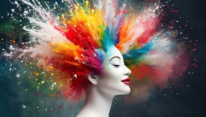 Colorful painted explosion in head. Concept of creative mind and imagination. Silhouette of human hand with colored fragments  - obrazy, fototapety, plakaty