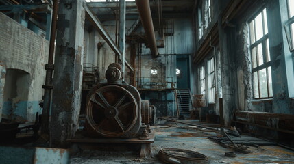 Fototapeta na wymiar Abandoned Factory Interior with Rusty Machinery, Industrial Decay Aesthetic