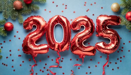 New 2025 Year. Red number shaped balloons on blue background