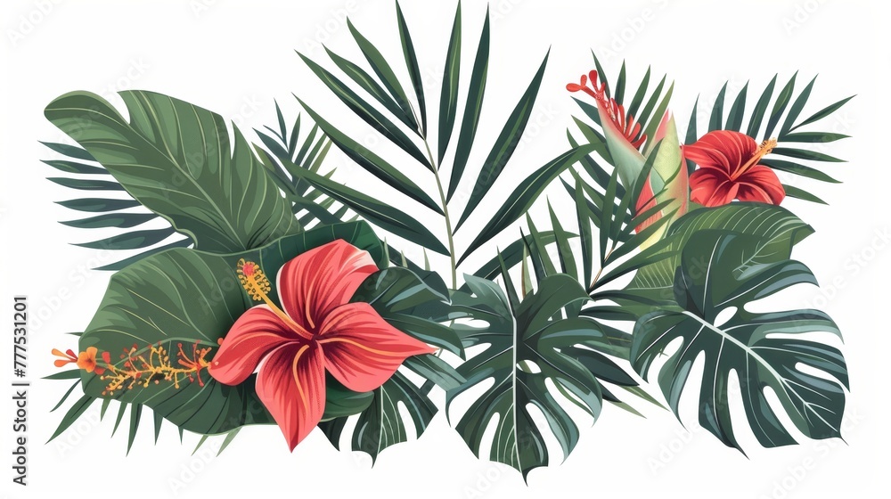 Poster a white background is adorned with tropical leaves and abstract exotic design elements.