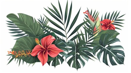 A white background is adorned with tropical leaves and abstract exotic design elements. - obrazy, fototapety, plakaty