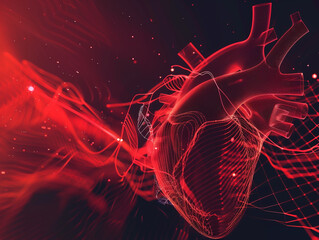 Abstract visualization of a heart beating, with pulsating reds and flowing lines to represent life and vitalityhyper realistic, low noise, low texture, futuristic style