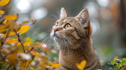   A tight shot of a feline among blooming flowers, background blurred with trees and shrubs