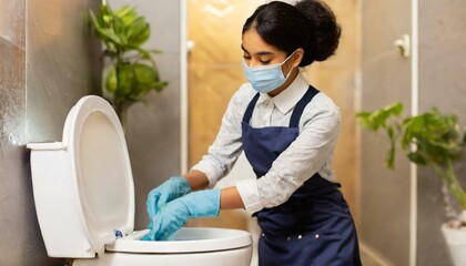 Young chambermaid with medical mask cleaning toilet bowl in bathroom