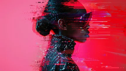 Foto op Plexiglas A woman with a black dress and sunglasses is the main subject of the image. The image is a blurred, pixelated version of her, giving it a futuristic and abstract feel © Sodapeaw