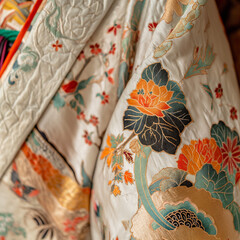 Fototapeta na wymiar Close-up of the intricate patterns and fabrics of a colorful kimono, highlighting the craftsmanship and detail