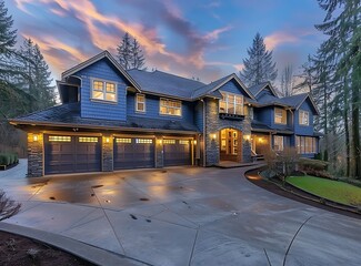  Large luxury home in Medium blue with stone accents, car garages and driveway