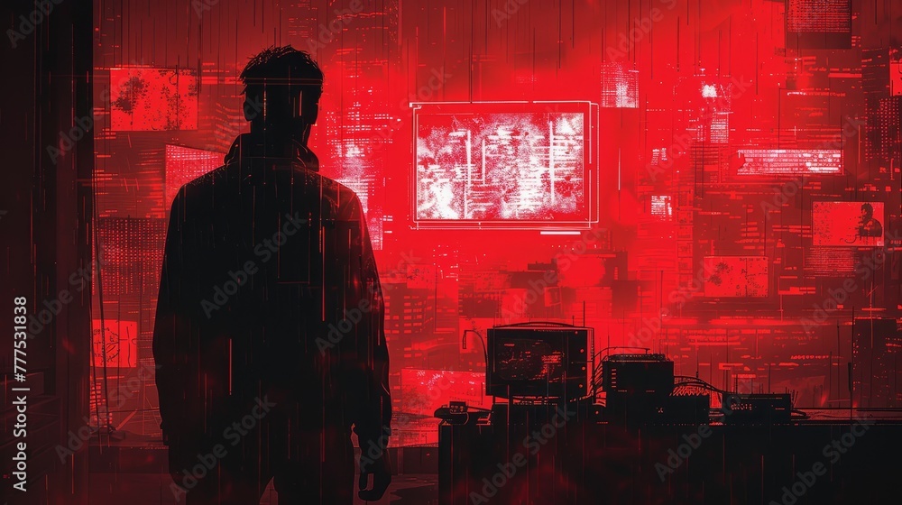 Poster a man stands in front of a red wall with a television screen in the background. the man is looking a