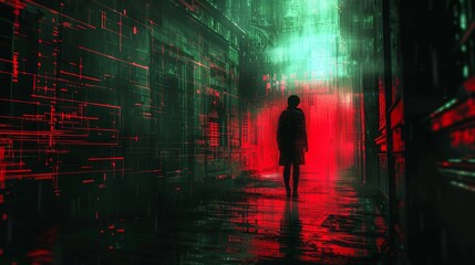 A man walks down a dark hallway with a red glow. The hallway is filled with abstract shapes and lines, giving it a futuristic and eerie feel