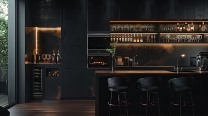 Luxurious modern kitchen interior with elegant black design and appliances.