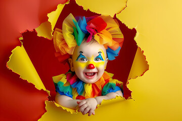 Funny Toddler in Clown Costume Laughing and Peeking Through a red and yellow Paper Hole background looking at camera