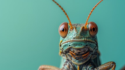 A close up of a grasshopper with orange eyes and antennae, AI - obrazy, fototapety, plakaty