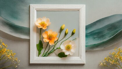 A creative design featuring flowers within a white frame, embodying a minimalistic spring concept 