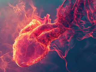 Abstract visualization of a heart beating, with pulsating reds and flowing lines to represent life and vitalityhyper realistic, low noise, low texture, futuristic style