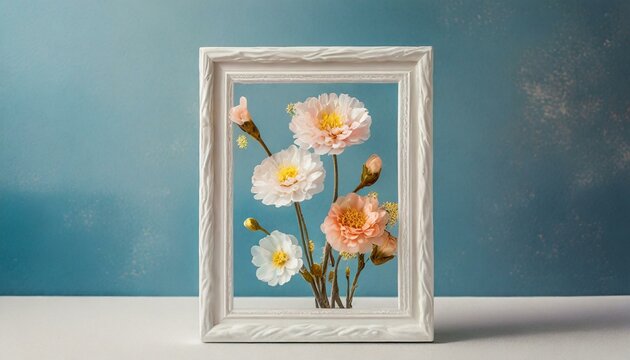 A creative design featuring flowers within a white frame, embodying a minimalistic spring concept