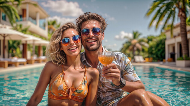 Happy couple in summer at hotel pool with cocktails wearing sunglasses. Luxury resort, travel and vacation concept - Powered by Adobe