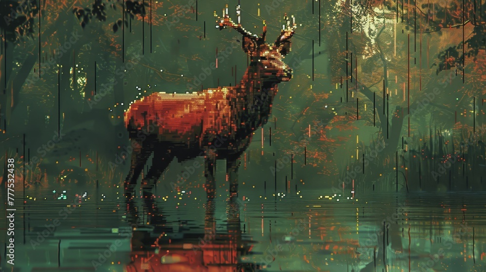 Poster a deer is standing in a pond with a green background. the image has a dreamy, surreal quality to it,