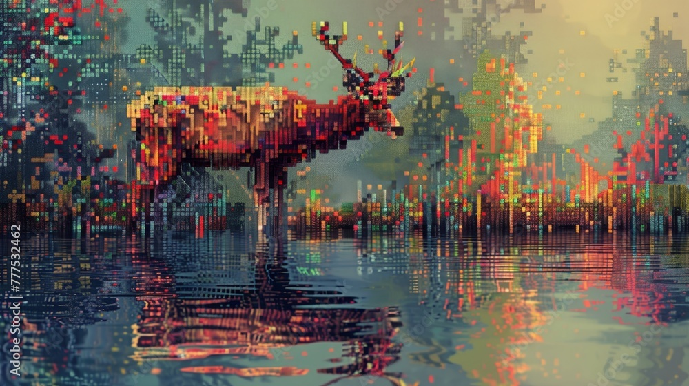 Poster a deer is standing in a body of water with a colorful background. the image has a dreamy, surreal qu
