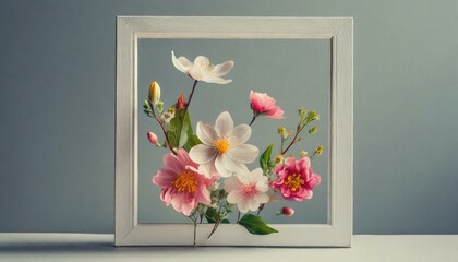 A creative design featuring flowers within a white frame, embodying a minimalistic spring concept