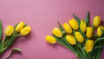 Pink background with yellow tulips