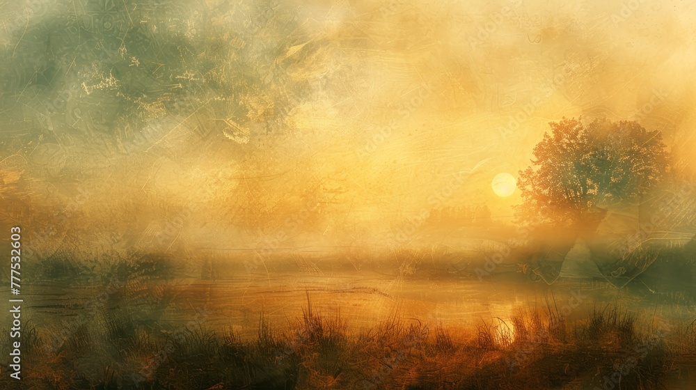Poster a painting of a forest with a tree in the foreground and a sun in the background. the sky is hazy an