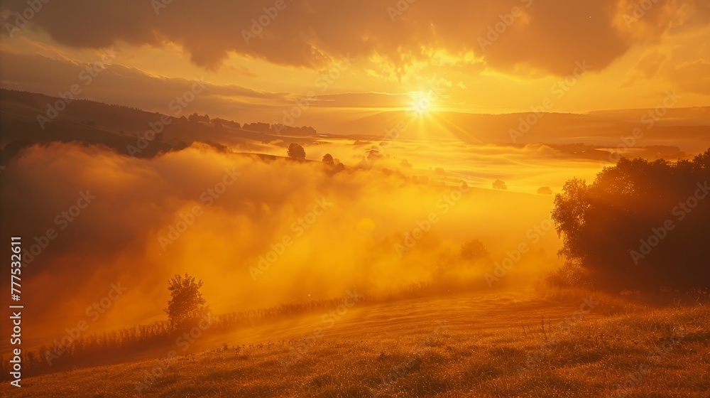 Poster the sun is setting over a foggy field, creating a warm and peaceful atmosphere. the misty clouds in 