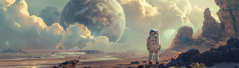 Astronaut exploring a newly discovered alien planet, magazine photography stylehyper realistic, low noise, low texture, futuristic style - obrazy, fototapety, plakaty