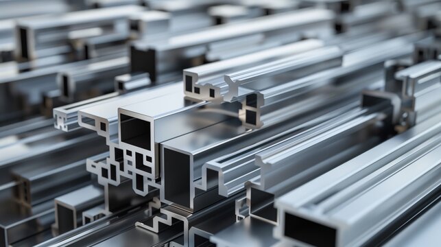 Array of aluminum extrusion profiles used in construction and manufacturing.