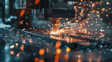 Close-up of a CNC machine with sparks flying during metalwork - obrazy, fototapety, plakaty