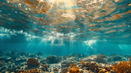 underwater scene with coral reef with Sun Rays.