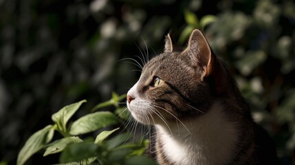 Close-up of a tabby cat in profile with a green foliage background