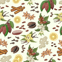 A set of spices in a pattern.Vector pattern with cocoa fruits, coffee and spices on a colored background.