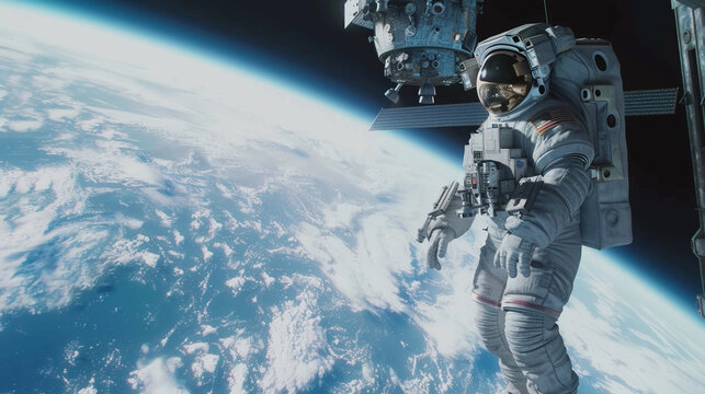 An astronaut robot on a spacewalk outside a new international space station, with a stunning view of the Earth in the backgroundhyper realistic, low noise, low texture, futuristic style