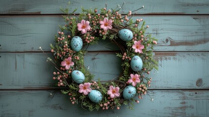   A wreath with pink flowers  and blue eggs on a blue wooden background Accessorized with baby's breath