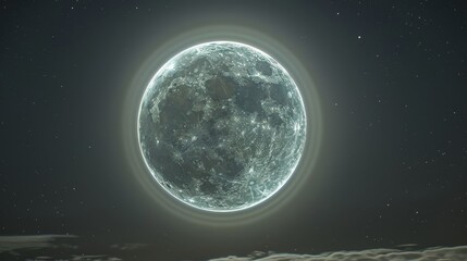 A large, glowing moon is surrounded by a bright blue circle. Concept of wonder and awe at the beauty of the night sky