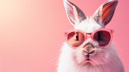 Rabbit with hip sunglasses whimsy against a soft peach background