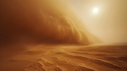 A sandy desert with a large cloud of dust in the distance. The sun is shining brightly in the background - obrazy, fototapety, plakaty