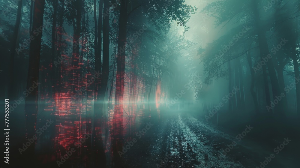 Poster a forest with a road in the middle and a reflection of the trees in the water. scene is mysterious a