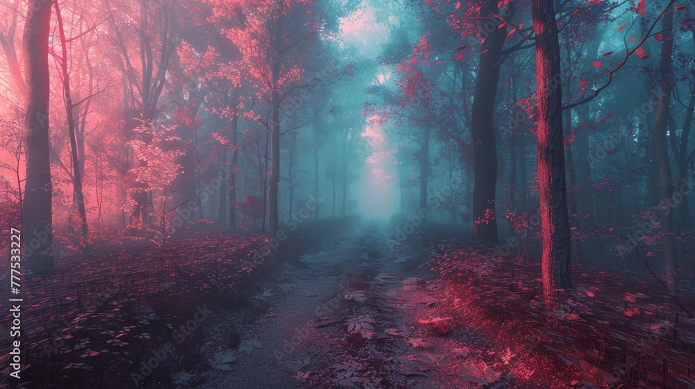 Poster a forest with a path through it. the path is wet and muddy. the trees are red and the sky is blue