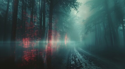 Naklejka premium A forest with a road in the middle and a reflection of the trees in the water. Scene is mysterious and serene