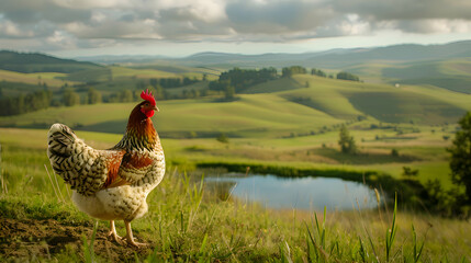 Lone hen foraging in a picturesque rural setting, with rolling hills and a serene pond in the distance, offering plenty of space for text overlay