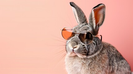 Rabbit with hip sunglasses whimsy against a soft peach background